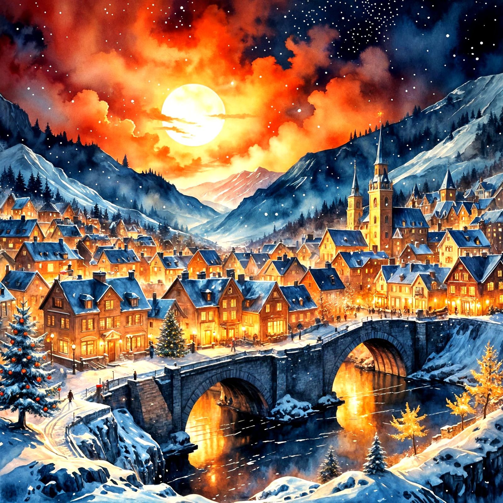 Fantasy Christmas Eve Nightscape Watercolor Painting