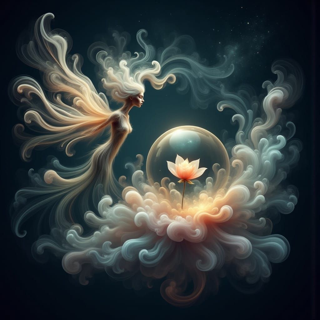 Ethereal Winged Orb Gazing at Rose in Cosmos