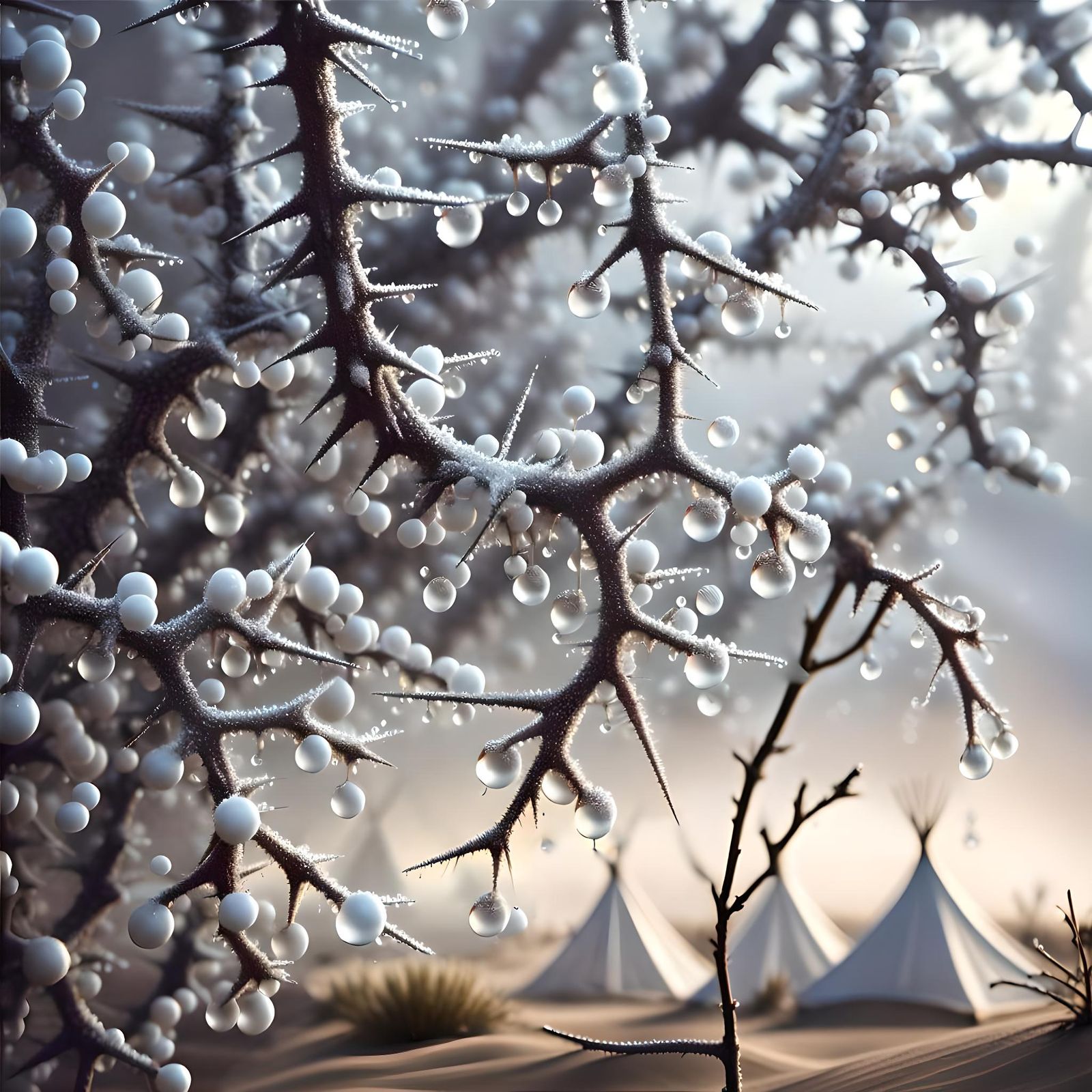 White Dewdrops in Desert: Detailed Digital Art