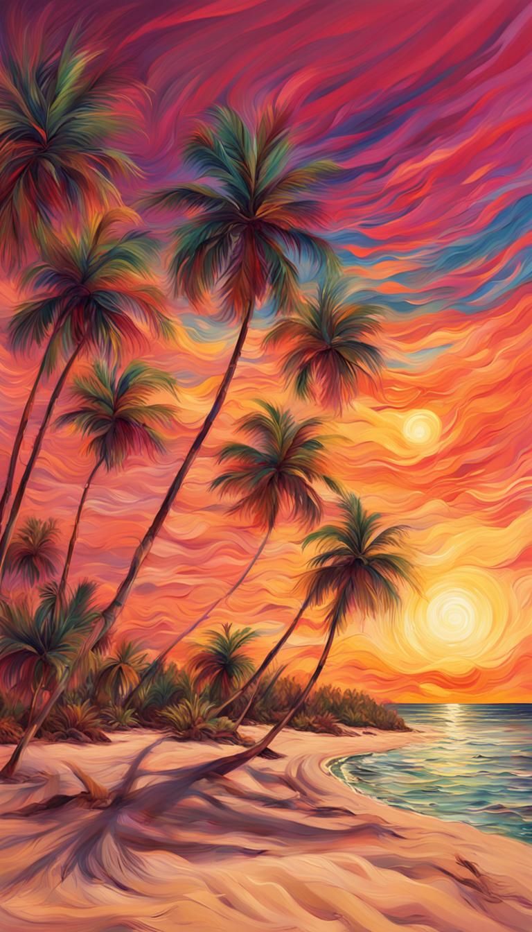 Vivid Beachscape with Palms in Post-Impressionist Style