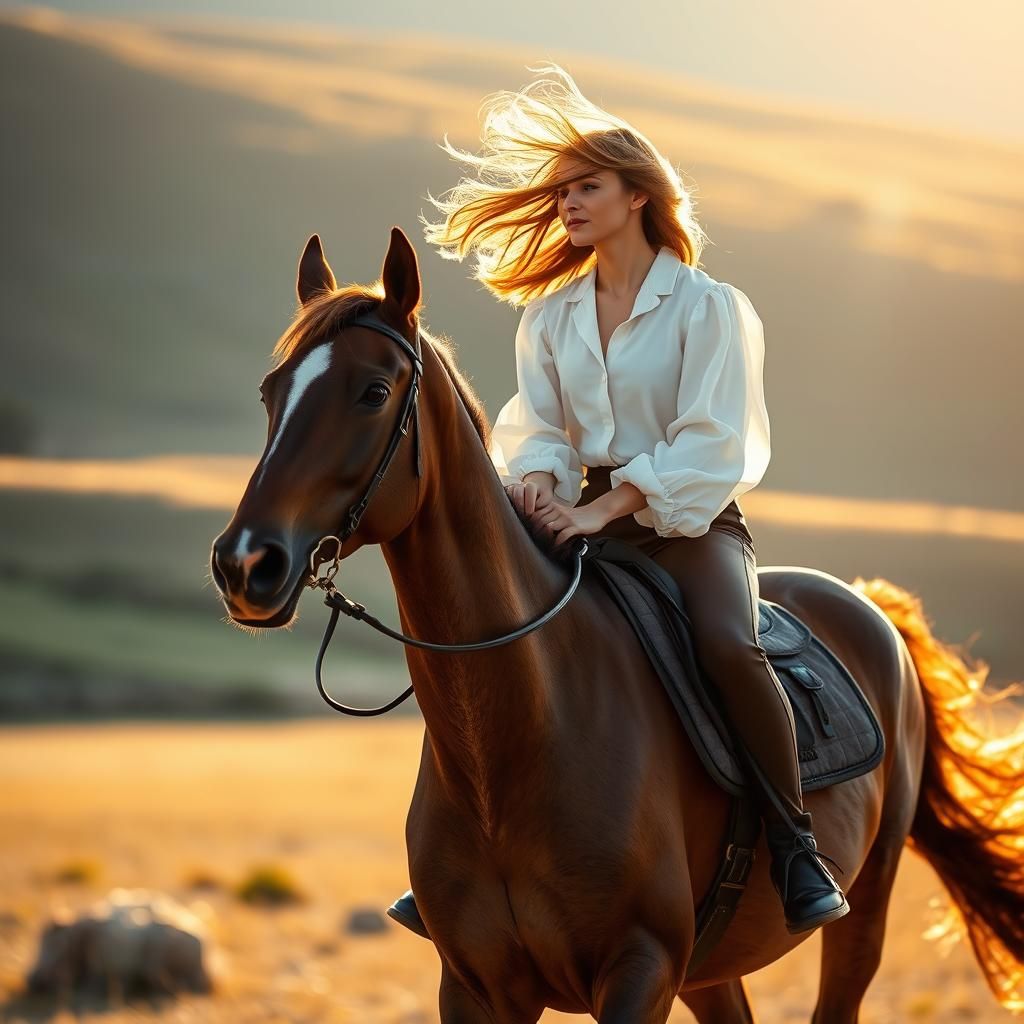 Woman on Horseback in Serene Landscape