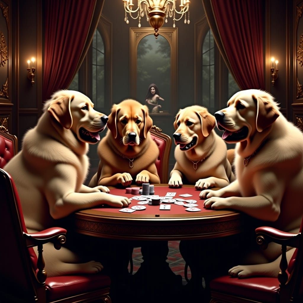 Labradors Play Poker in Opulent Victorian Setting