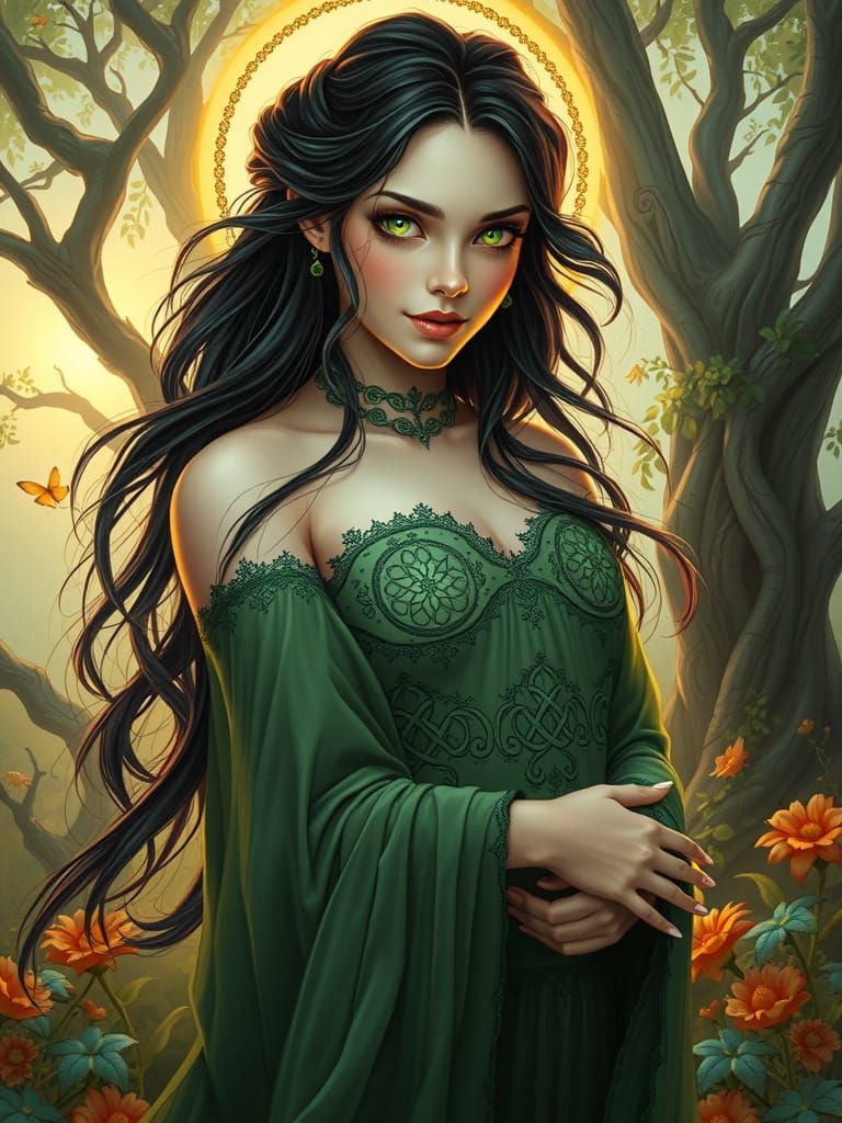 Ethereal Fairy Muse in Emerald Gown with Celtic Knotwork, Su...