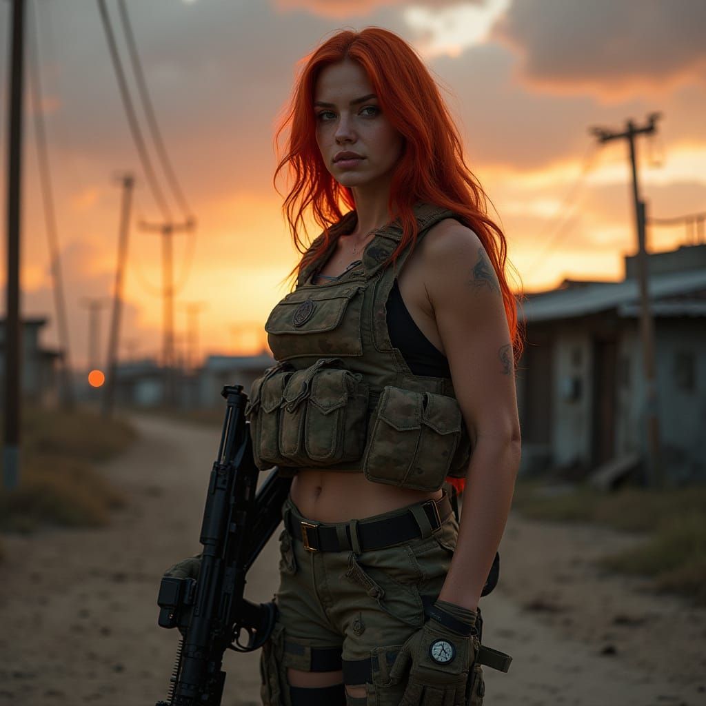 Hyper-Realistic Female Soldier in Camo, Standing in a Battle...