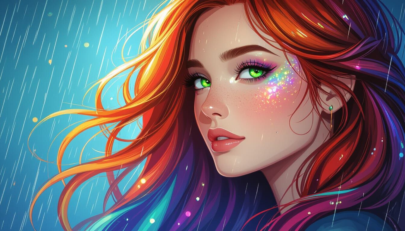 Woman with Green Eyes and Rainbow Hair
