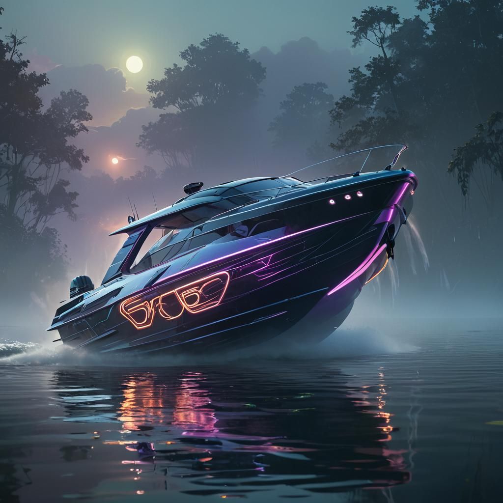Mystical Powerboat on Serene Lake: Digital Art
