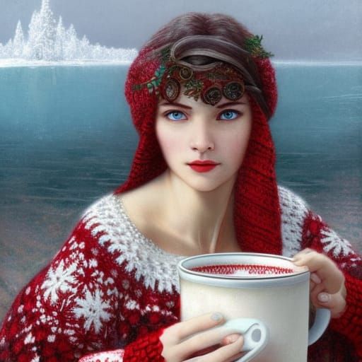 Woman in Crochet Sweater on Snowy Beach