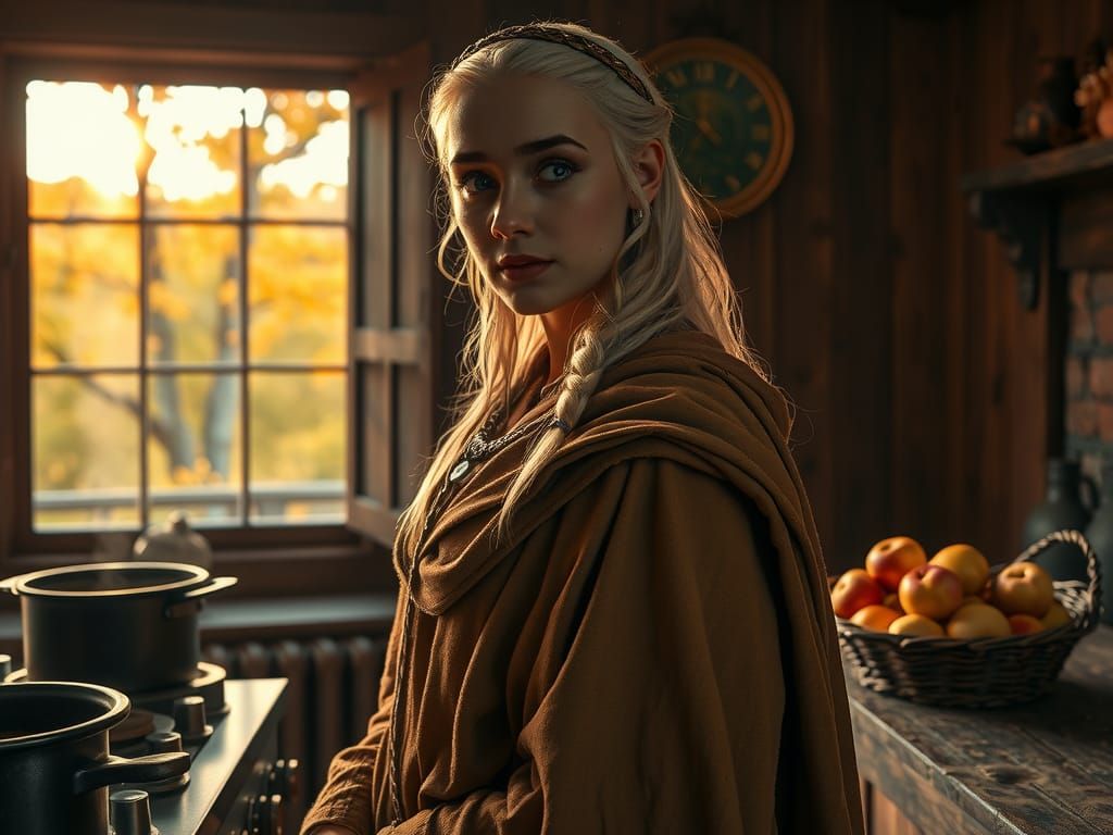 Daenerys Targaryen in Autumn Kitchen: Photorealistic Portrai...