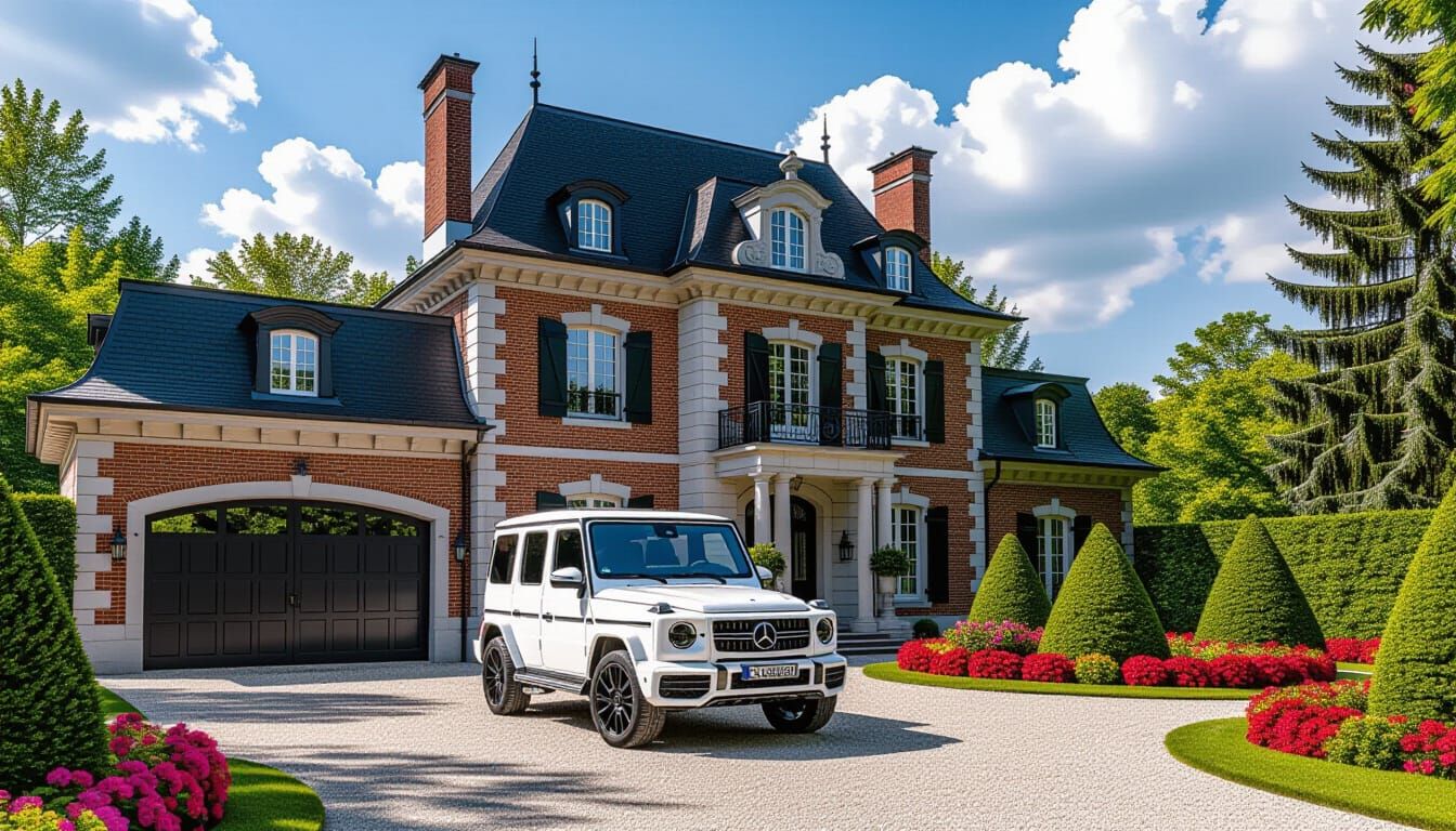Grand Brick Chateau with Mercedes in Vibrant Garden