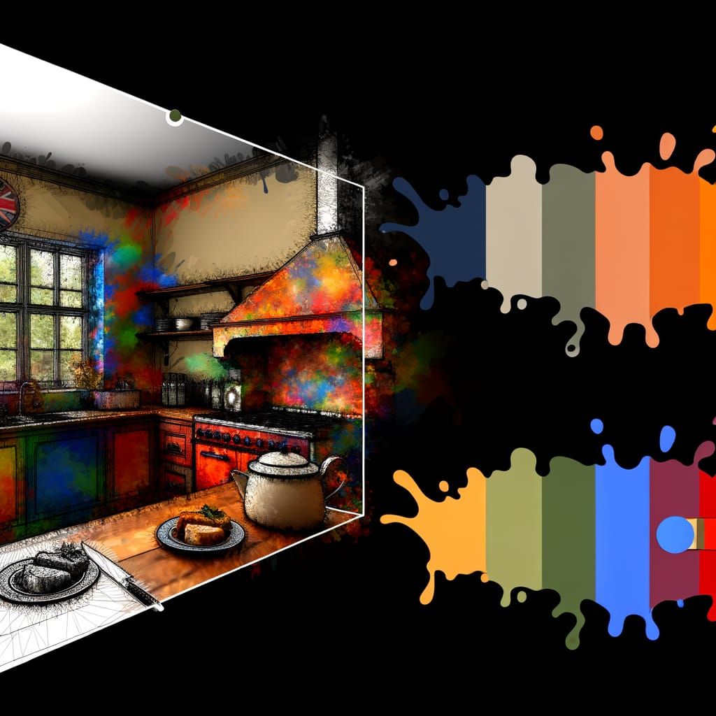 Dramatic English Kitchen in Splash Art Style