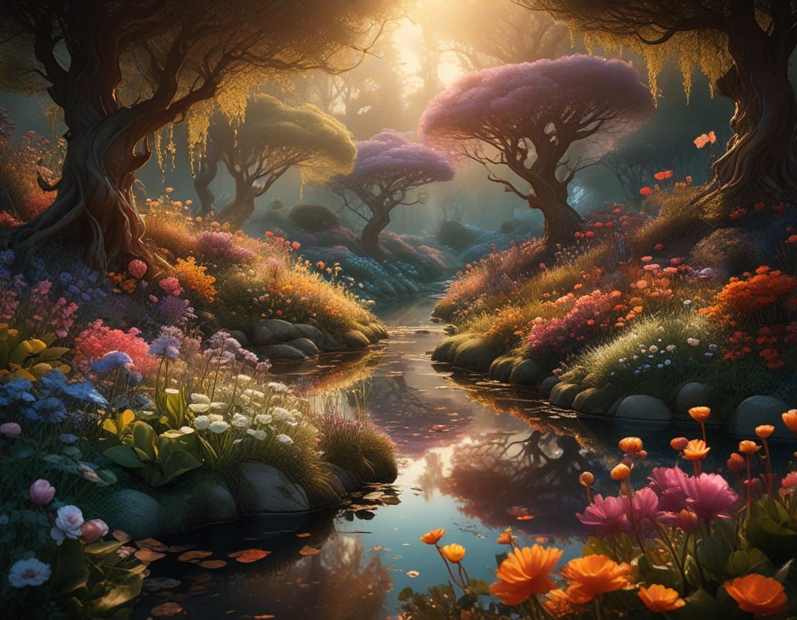 Surreal Garden Landscape in Whimsical Art Style