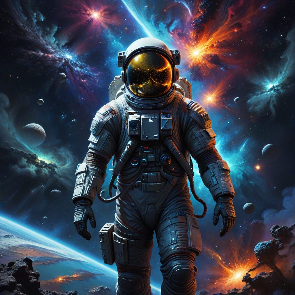 Astronaut in Vibrant Cosmic Phenomena, Digital Painting