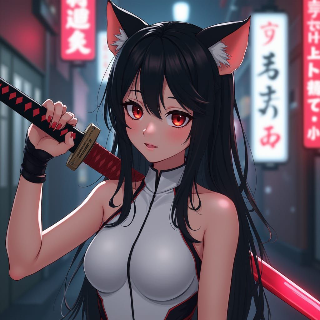 Sci-Fi Catgirl Ninja in Cyberpunk Japan