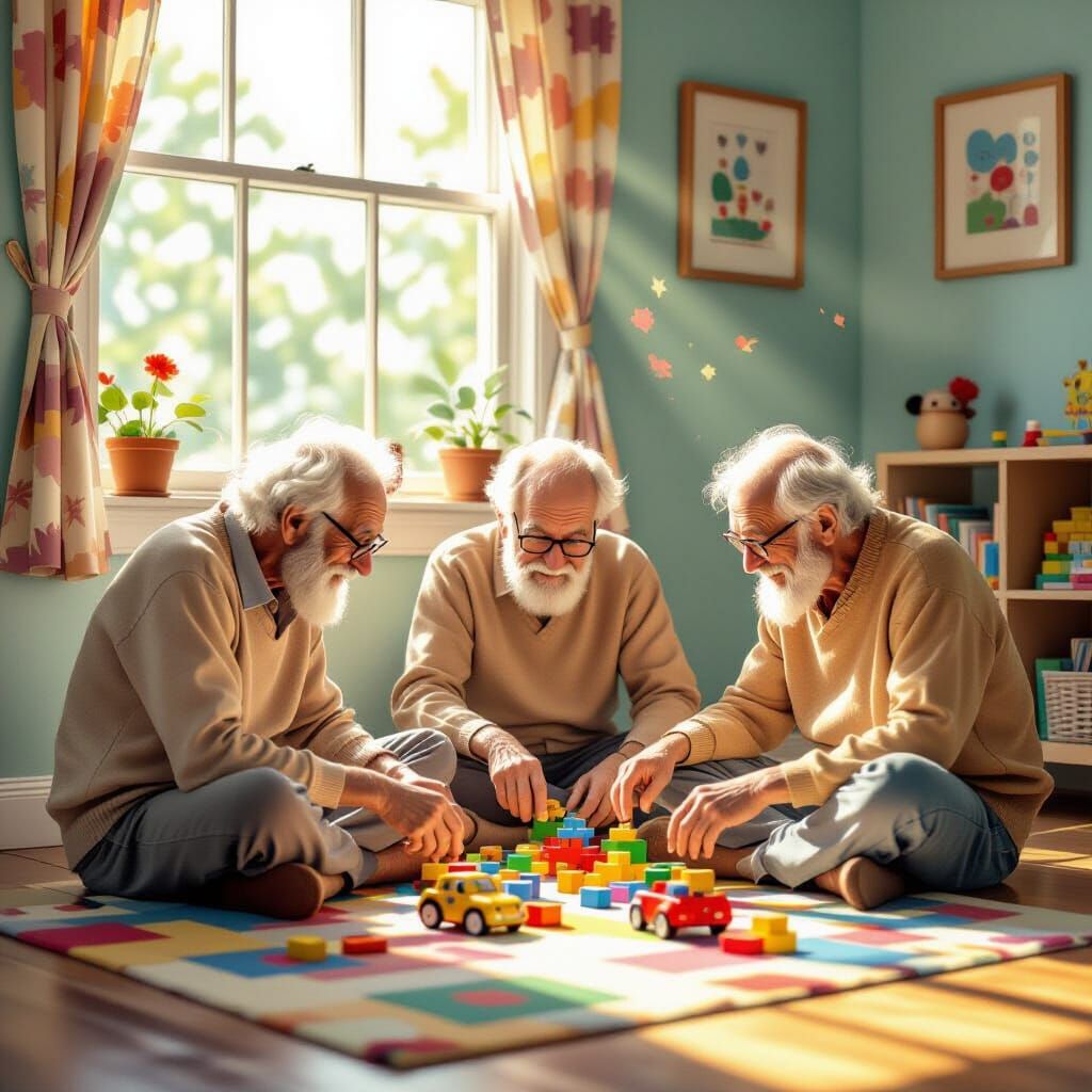 Elderly Men Play With Toys in Children's Room