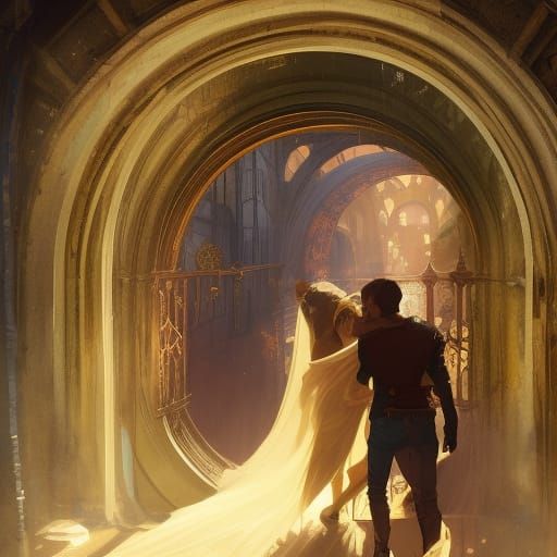 Romeo and Juliet in a Magic Portal, Alphonse Mucha Style