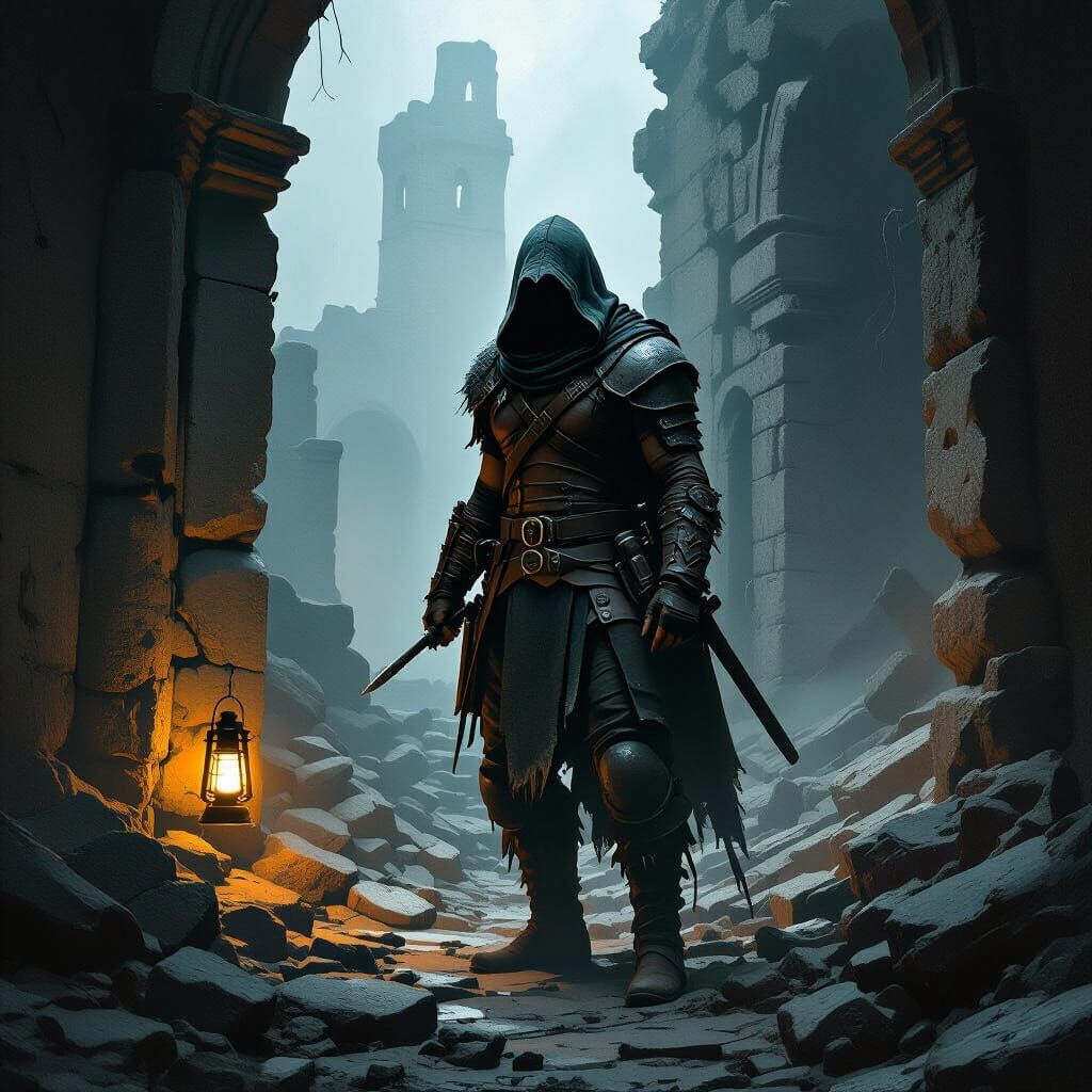 Shadowed Rogue Navigating Ancient Ruins