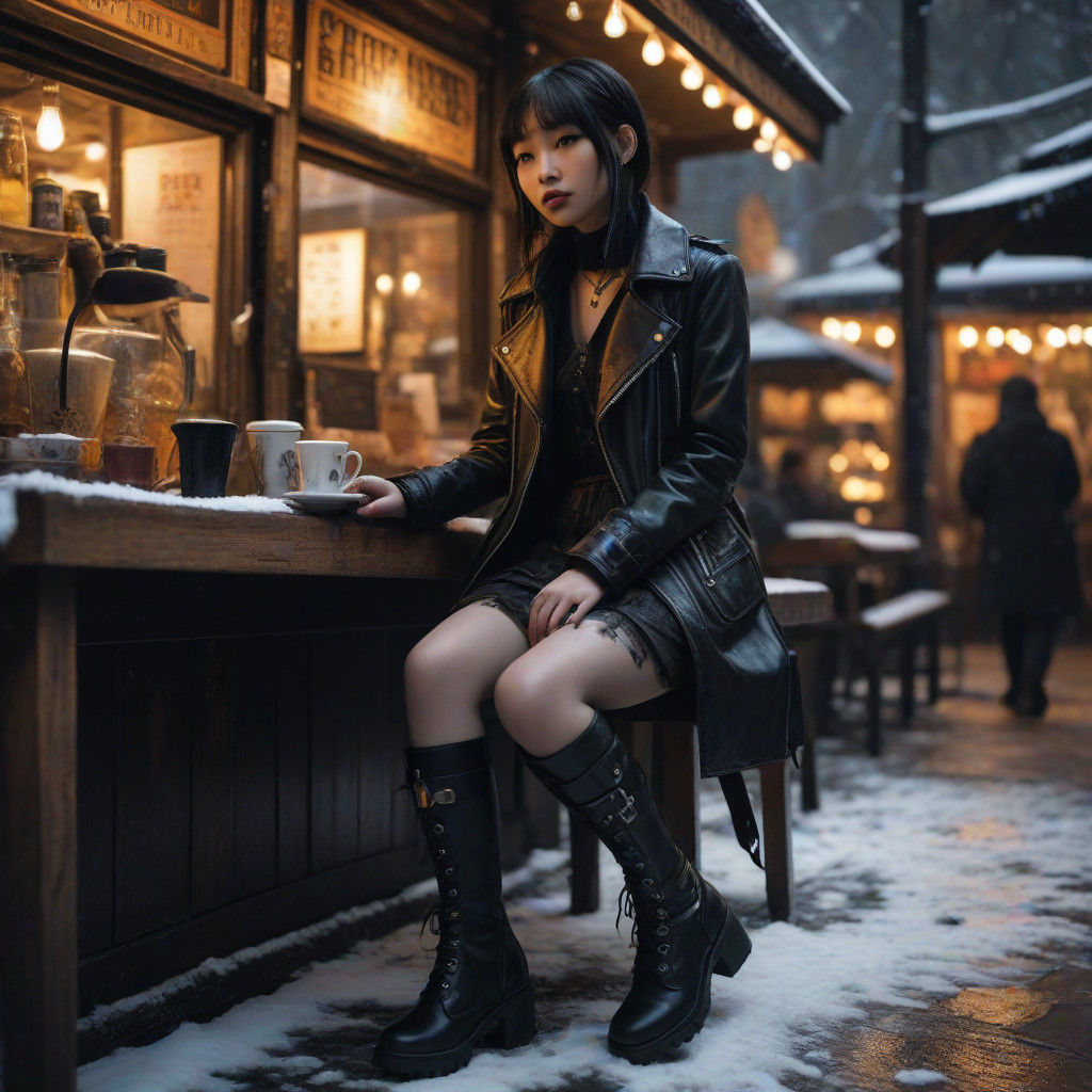 Goth Christmas Market Scene in Moody Encaustic Style