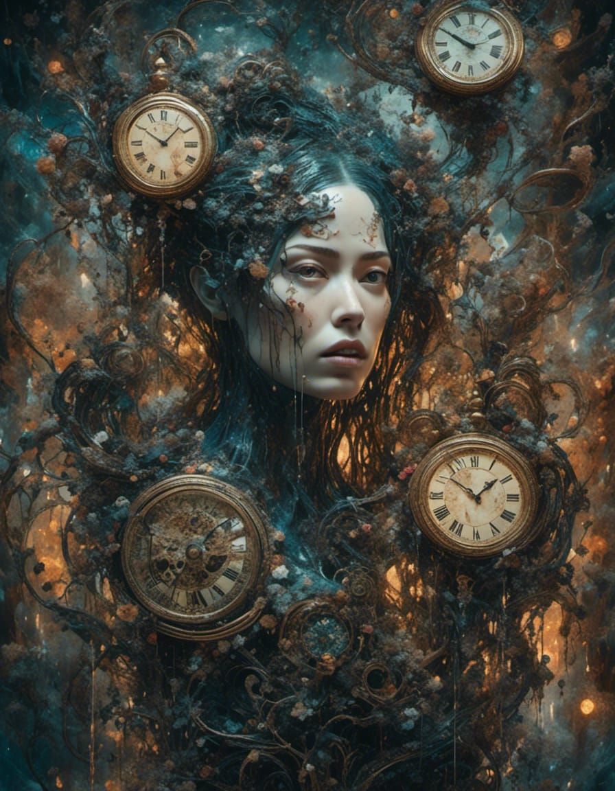 Surreal Woman's Face with Melting Clock