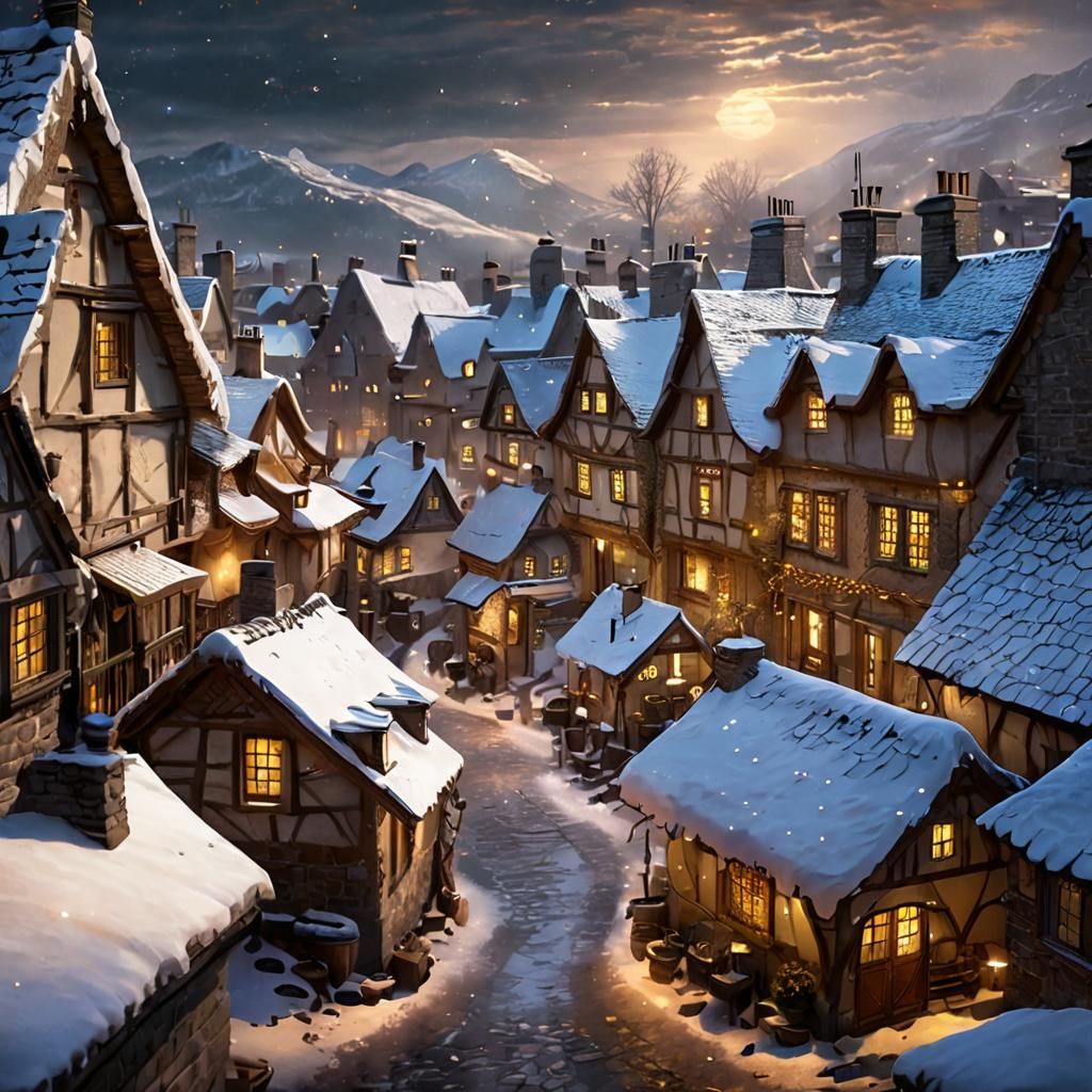 Winter Village Street with Mythical Glow