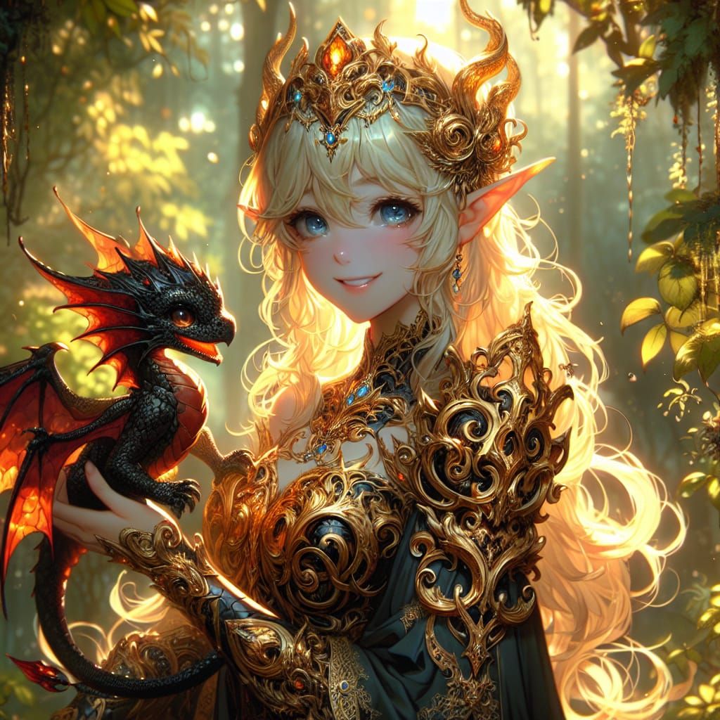 Dark Fantasy Elf in Amber Armor with Baby Dragon Companion