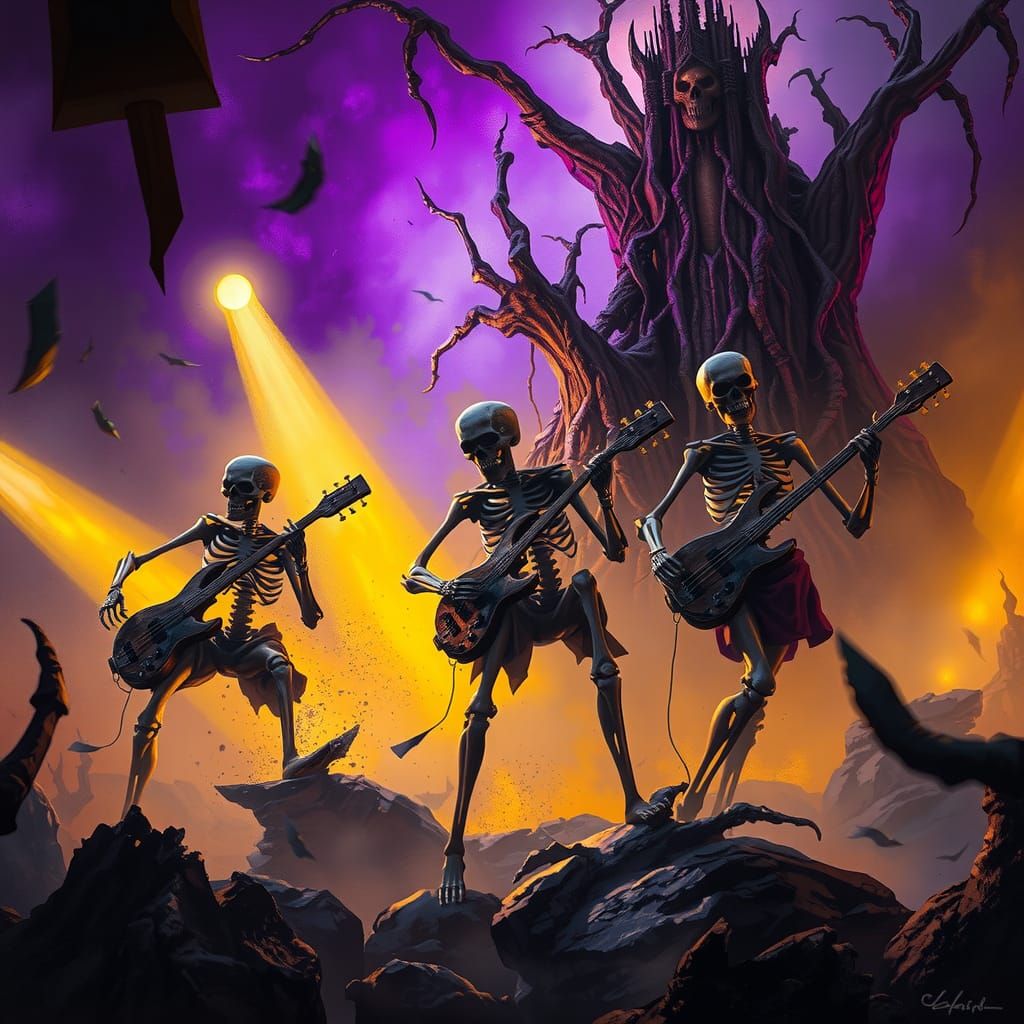 Land of the dead.  Skeletons performing a rock concert with ...