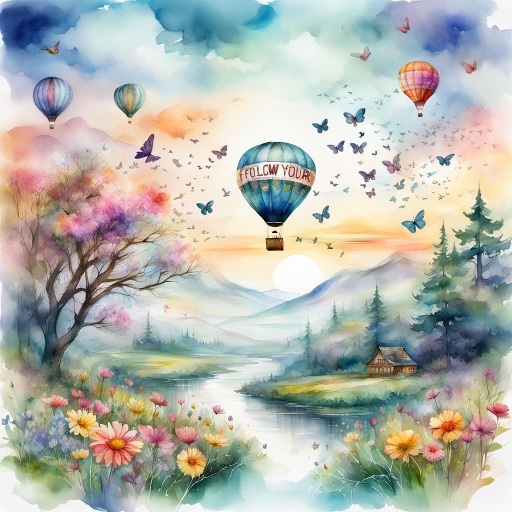 Air Balloon Over Spring Landscape in Watercolor Style