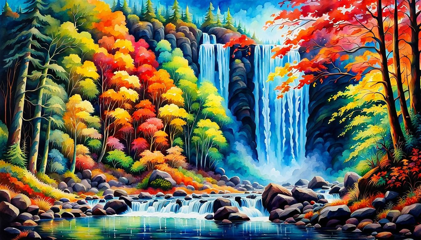 Vibrant Watercolor Waterfall in Mysterious Landscape