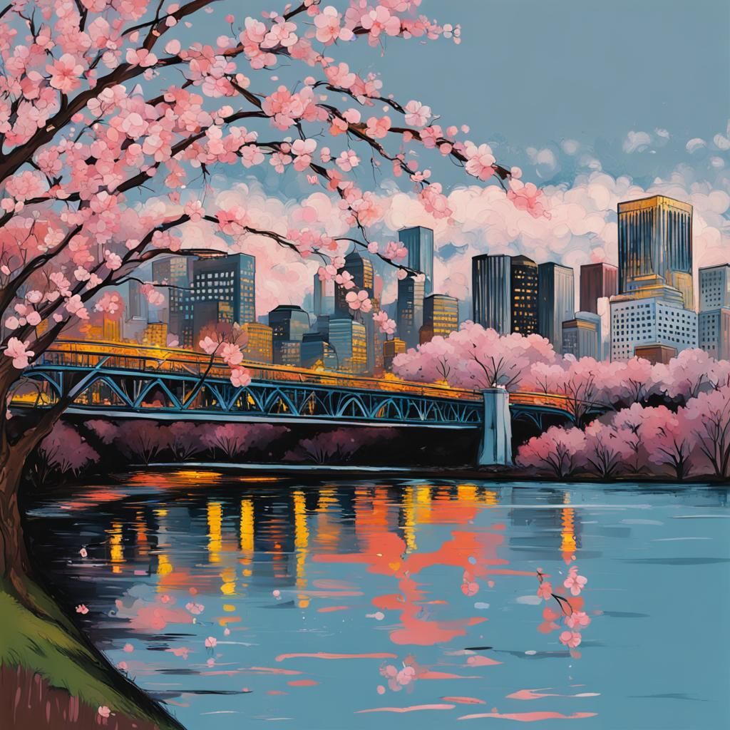 Pittsburgh North Shore Cherry Blossoms in Abstract Art