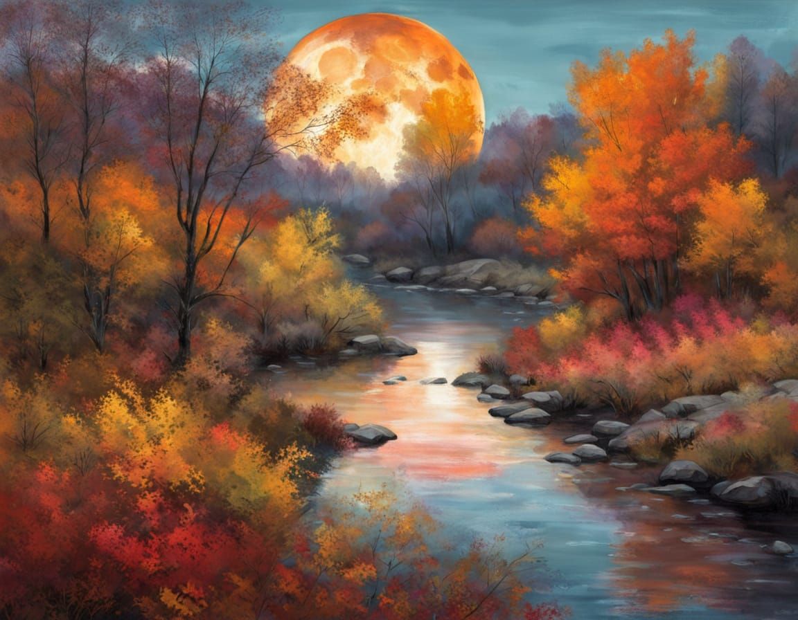 Impressionist Autumn Landscape with Moonlit River
