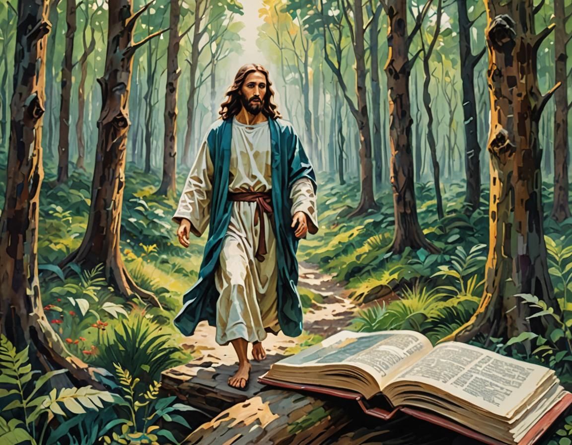 Jesus Christ Walks on Book, Gouache Impressionist Style