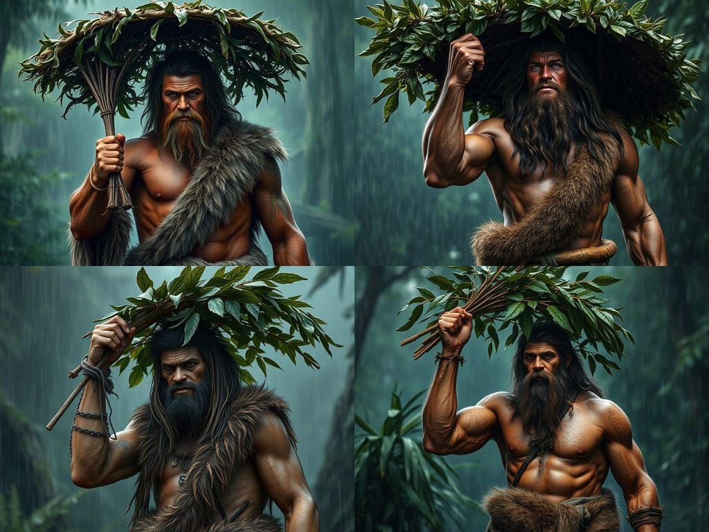 Prehistoric Caveman's Leafy Umbrella in the Wilderness