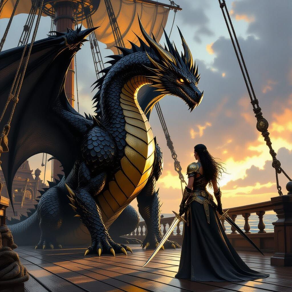 Black Gold Dragon and Warrior on Ship Deck