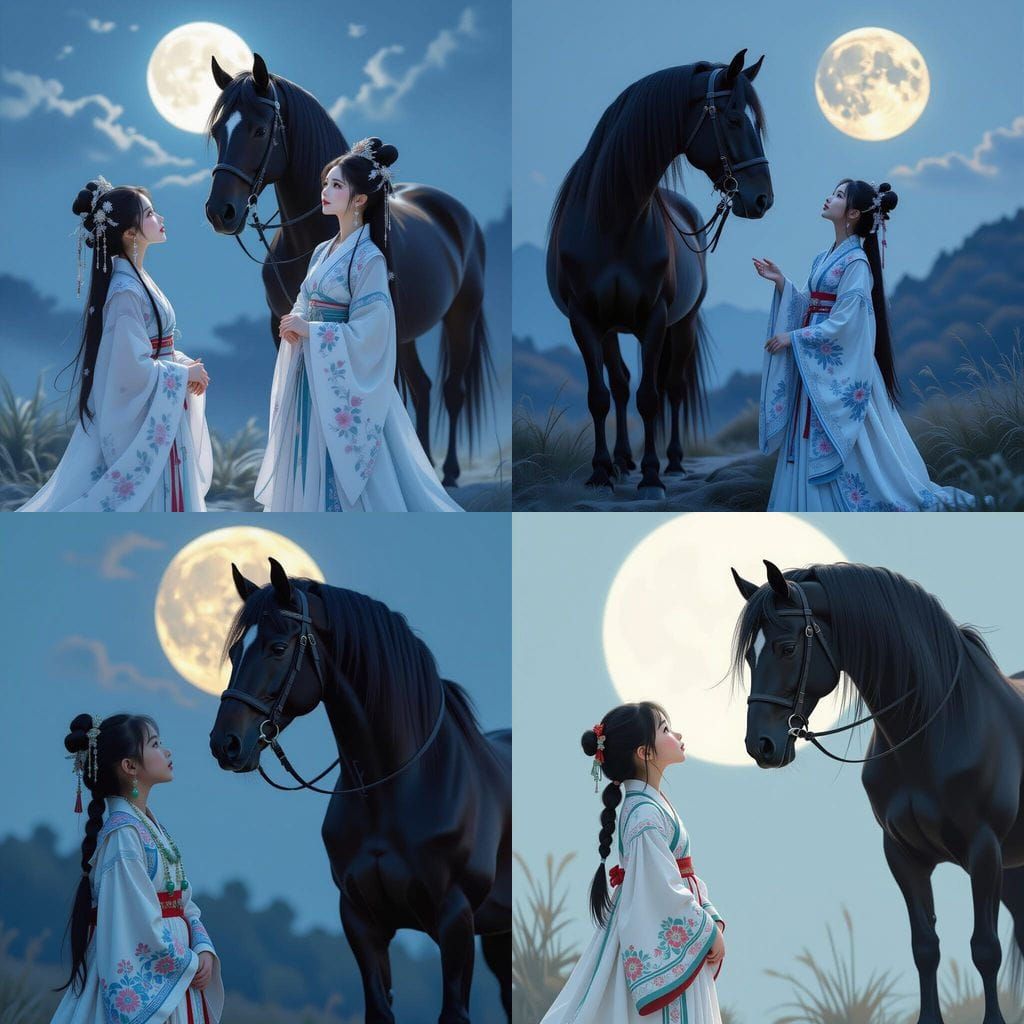 Girl in Hanfu Looks at Stallion in Moonlight