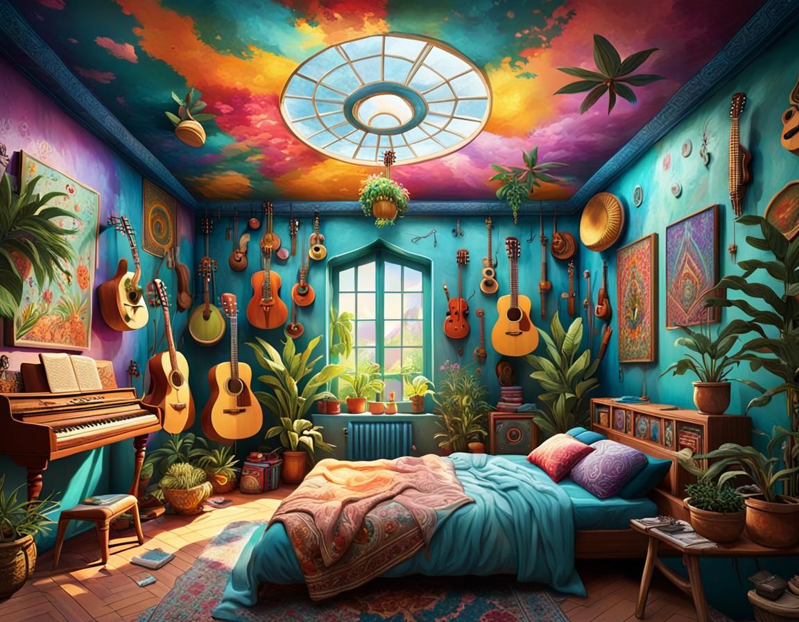 Hippie Bedroom with Window Ceiling in Pastel Colors