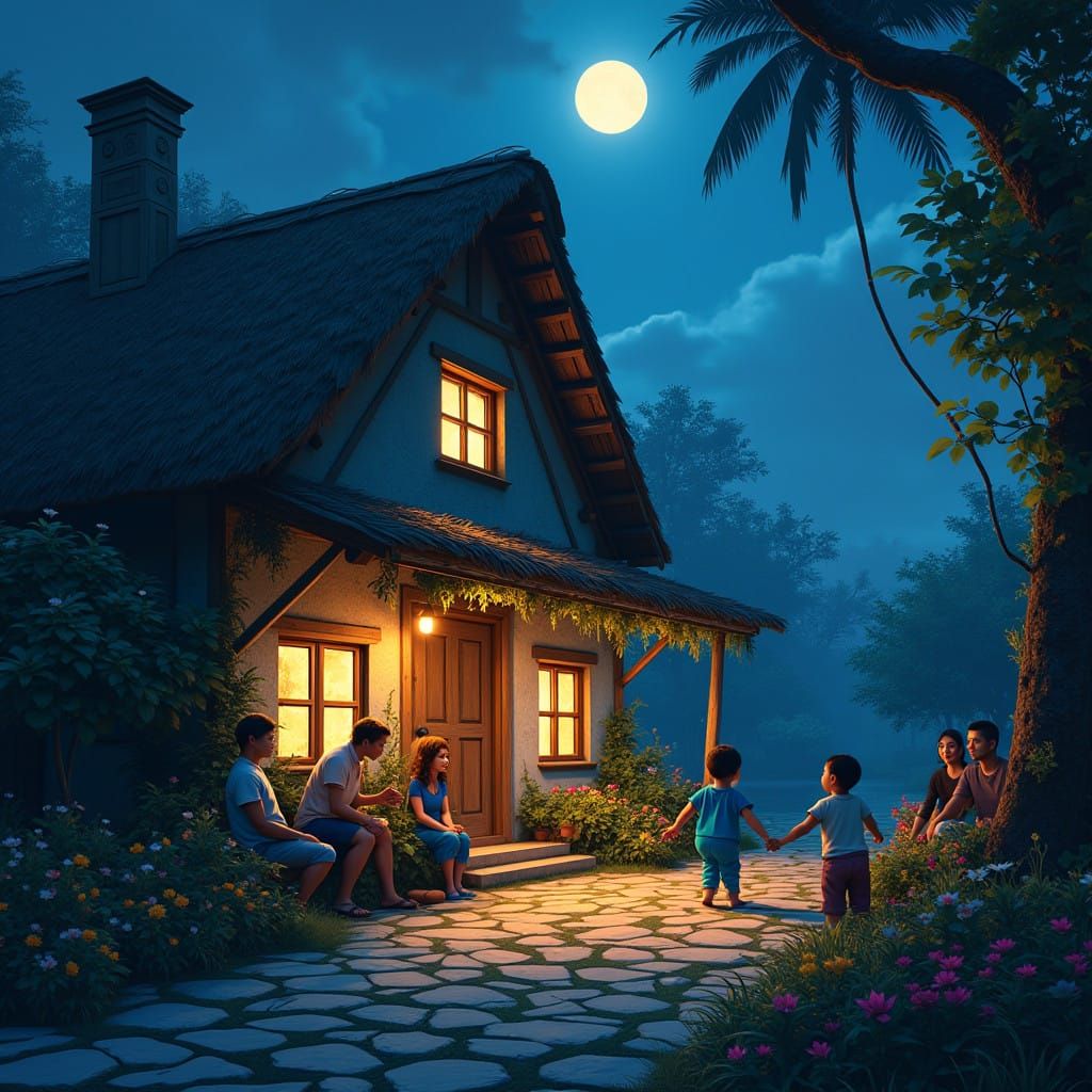 Whimsical Moonlit Village Scene with Family and Villagers Wa...