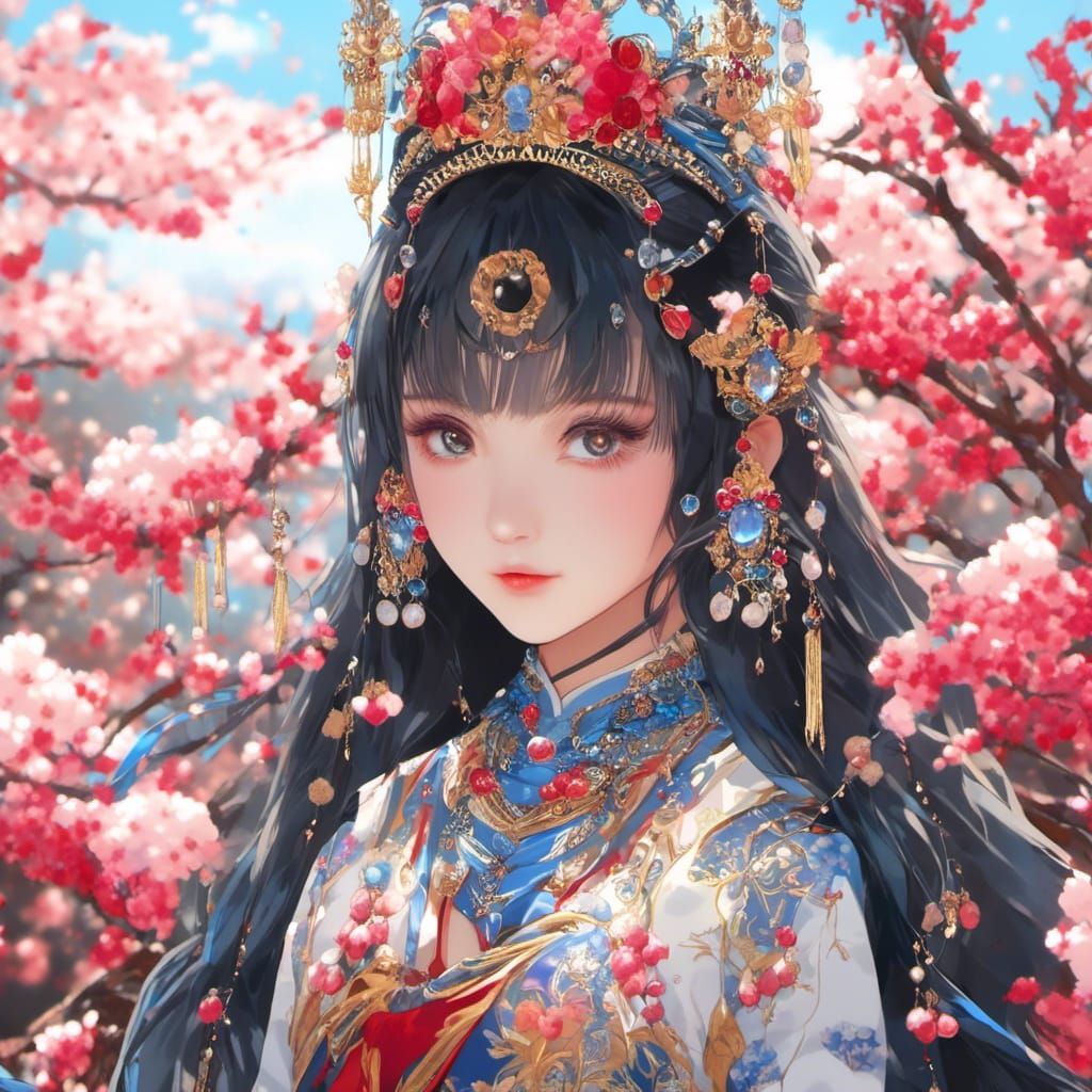Asian Woman in Dragon Dress by Cherry Trees