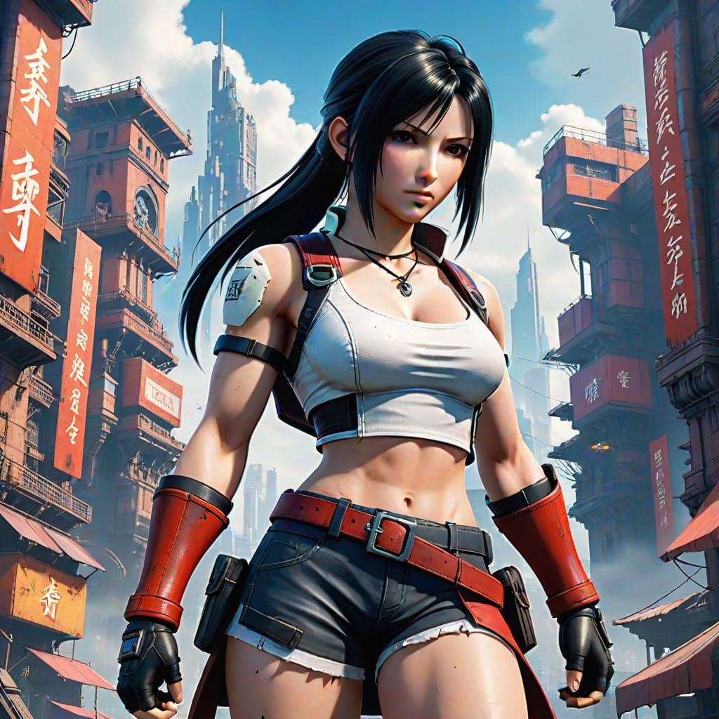 Heroic Tifa in Cyberpunk Fantasy Cityscape