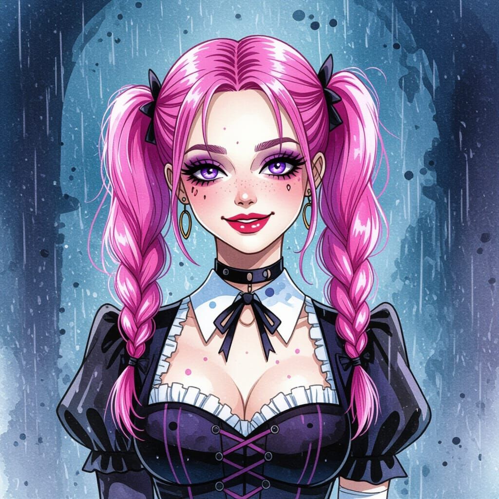 Wednesday Addams Inspired Woman Smiling in Rain