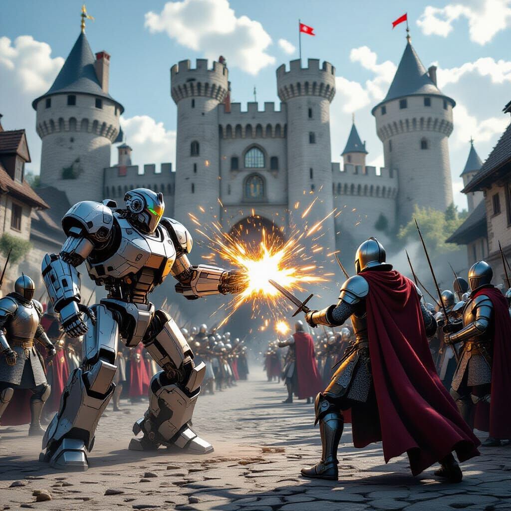 Robots Battle Knights Before a Castle