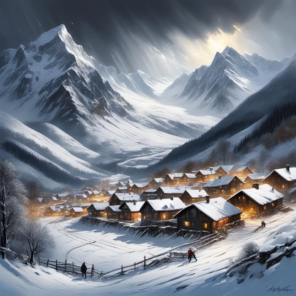 Avalanche Descends on Village: Detailed Winter Painting