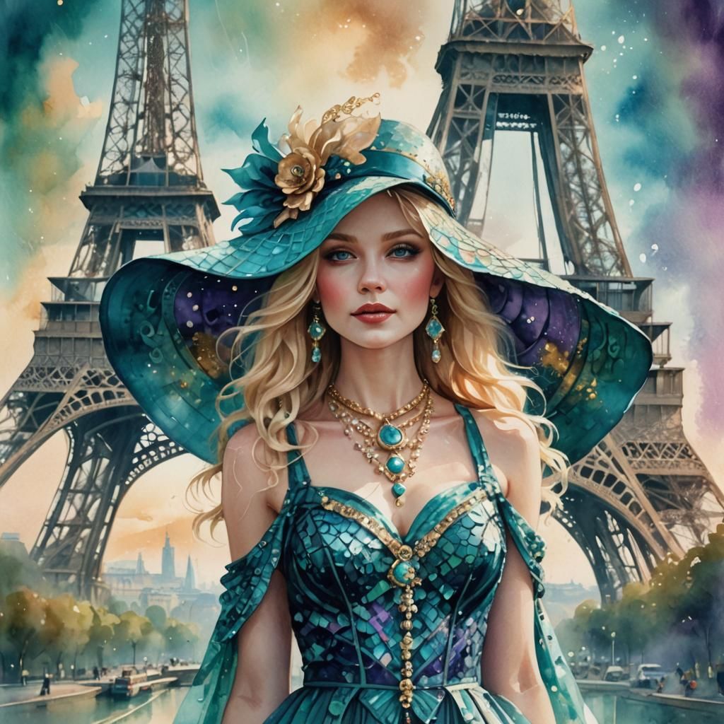 Eiffel Tower Portrait in Dreamy Watercolor Style