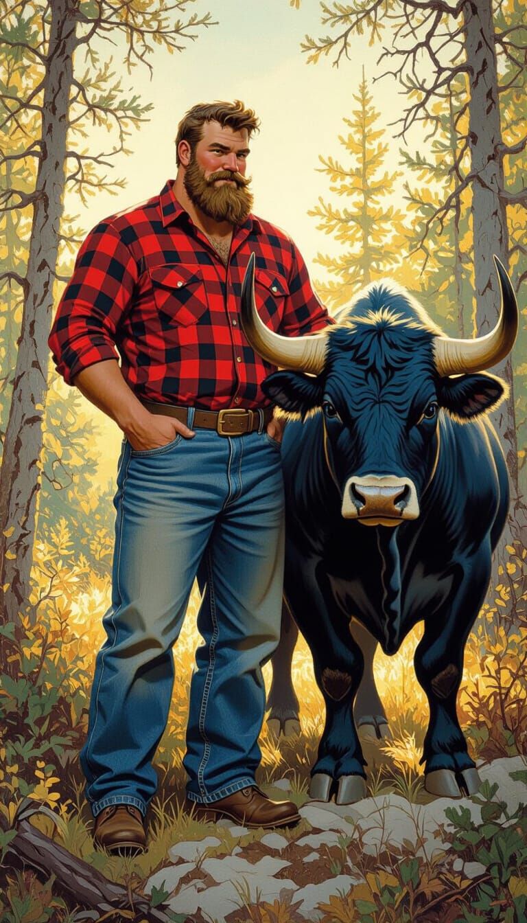Paul Bunyan and Blue the Ox in Forest, Illustration