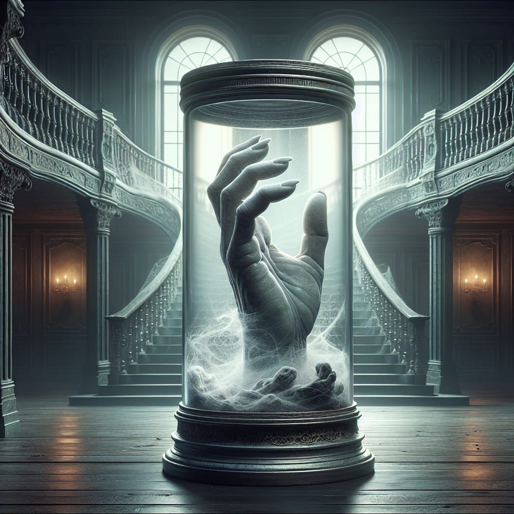 Imagine a creepy gray-hued disembodied hand on its fingertips as if alive in a large sealed jar on a dusty shelf with co...