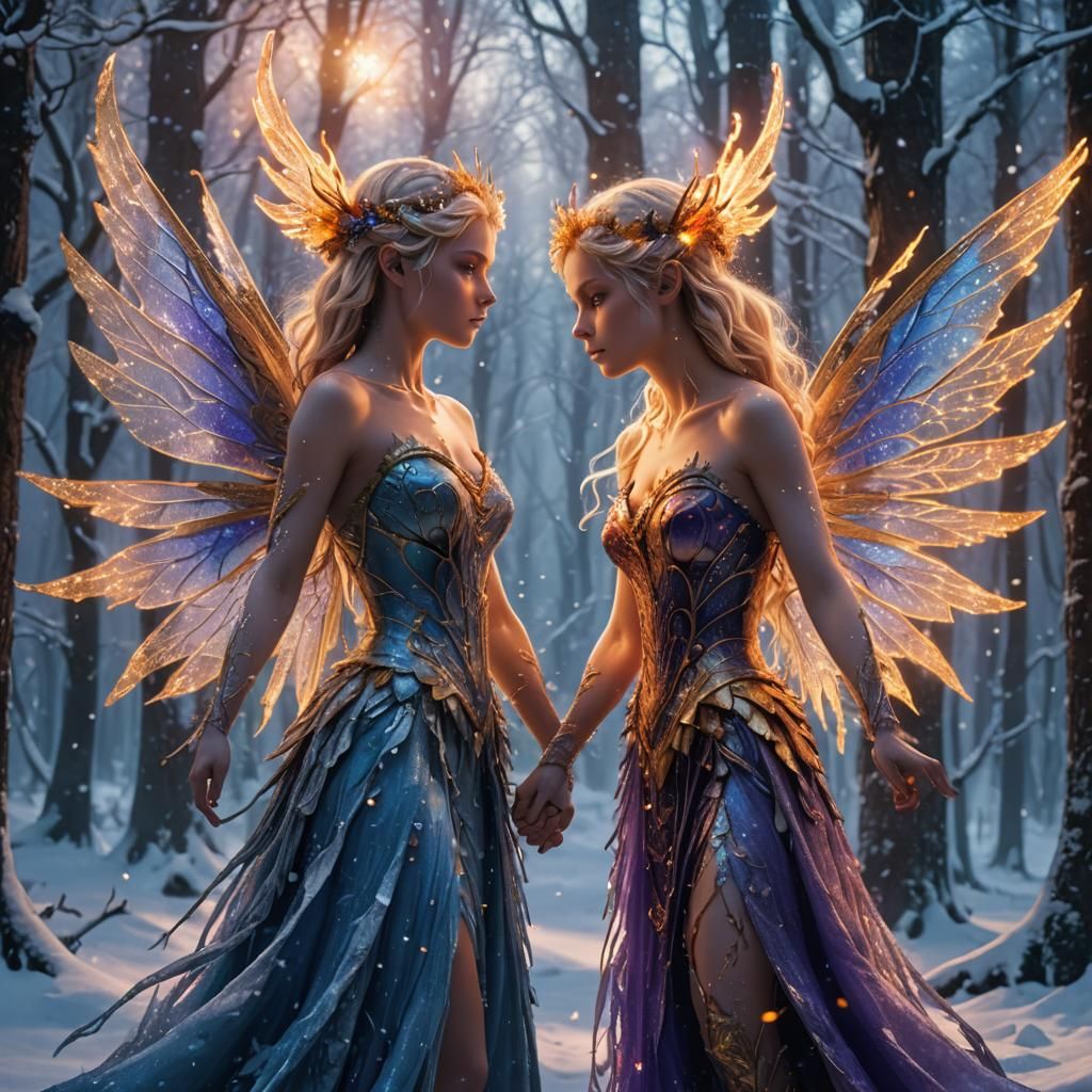 Snow and Fire Fairies in Mystical Forest