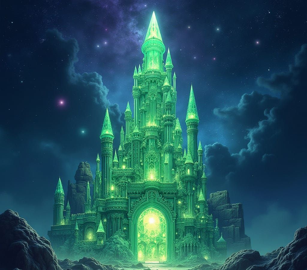 Crystal Emerald Castle Shimmers in Astral Light