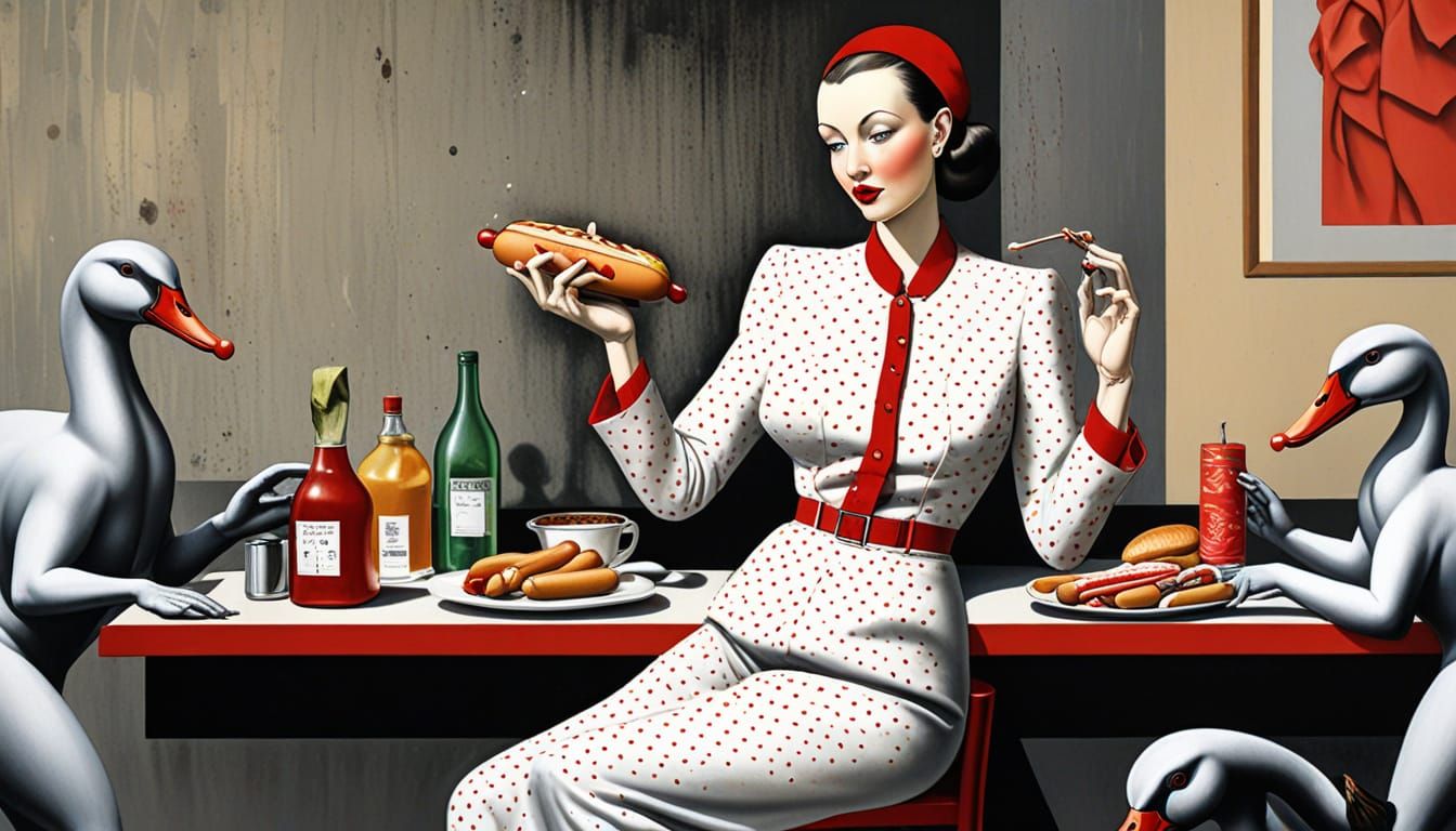 Expressionist Woman with Goose and Hot Dog