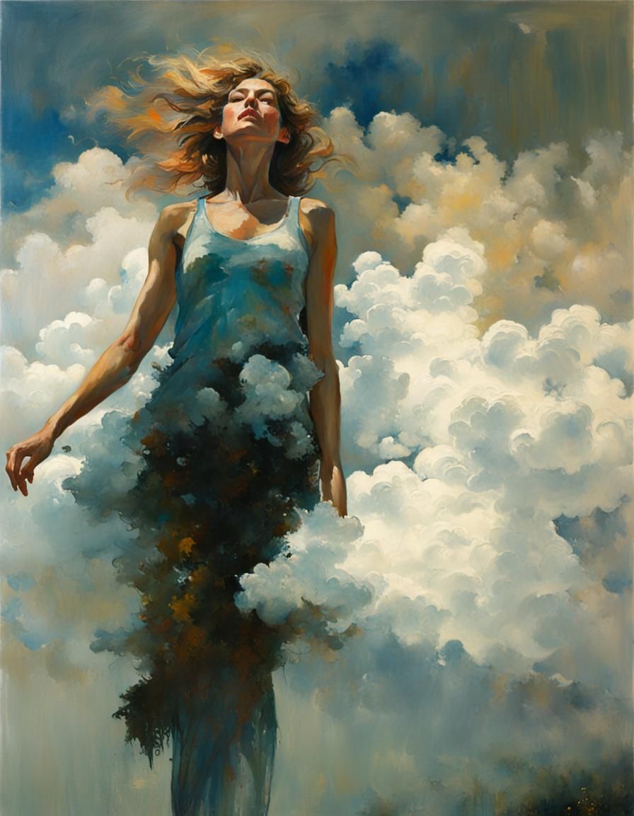 Ethereal Woman in Clouds: Acrylic Painting