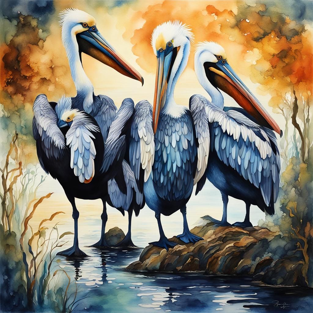 Whimsical Pelicans in Sumi and Alcohol Ink Style