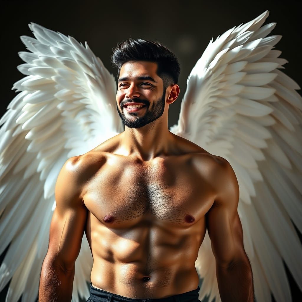 Handsome Angel with White Wings Smiling