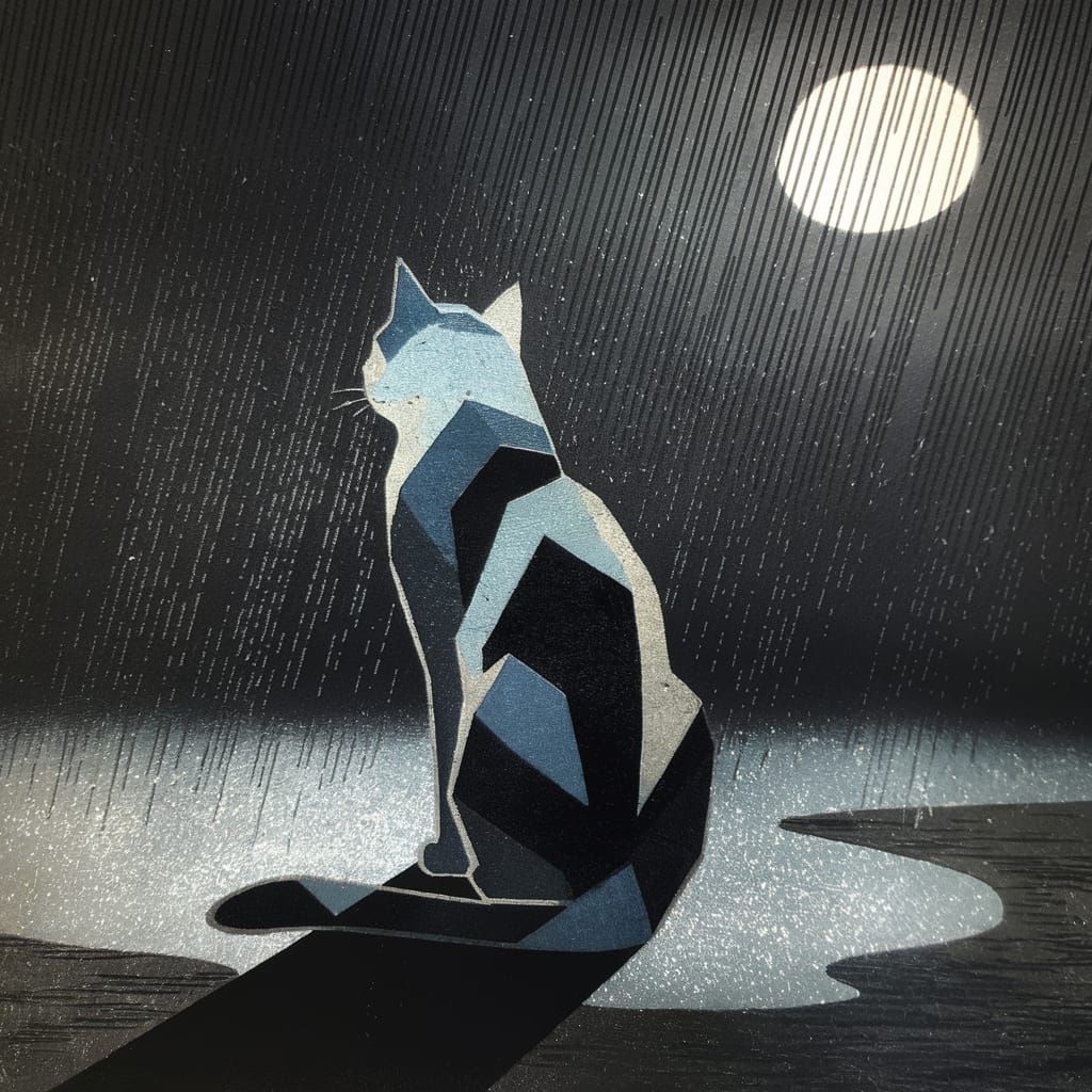 Minimalist Woodblock Print of Cat in Rain